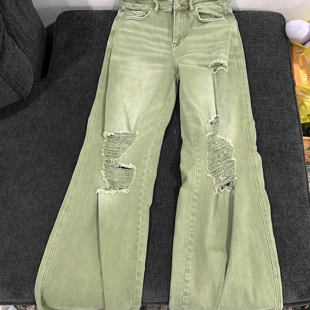 Trendy Olive Distressed Women's Flare Jeans